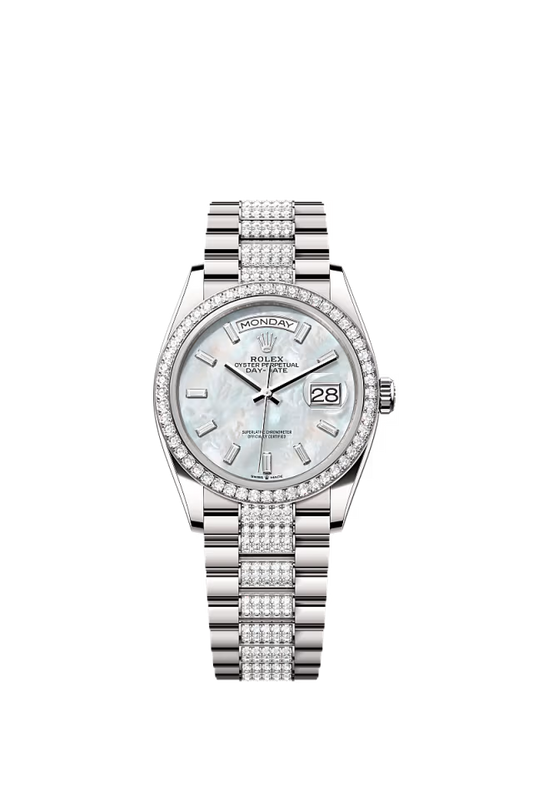 Rolex Day-Date - 36 MM - White Gold - MoP White Dial - 128349RBR PdMoPWd  nyc watcher nyc watches