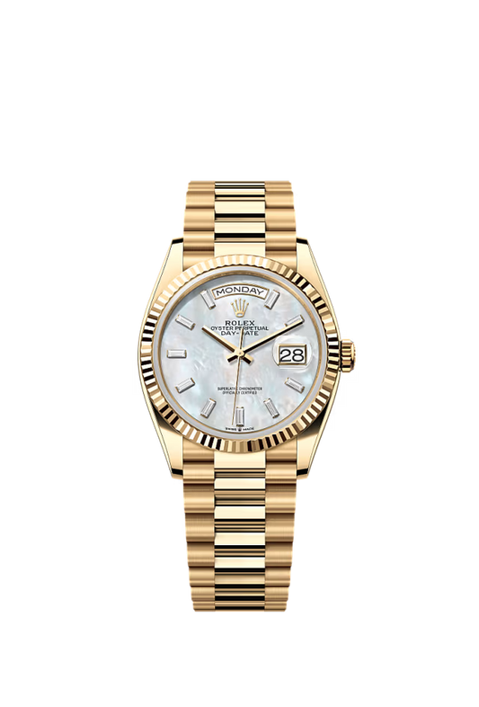 Rolex Day-Date - 36 MM - Yellow Gold - MoP White Dial - 128238 PMOP  nyc watcher nyc watches