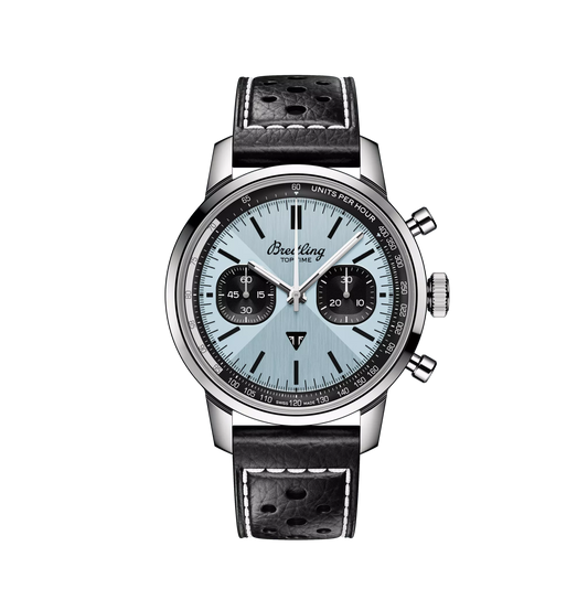 Breitling Top Time Stainless Steel 41 MM - Black Leather Strap - Light Blue Dial - AB01764A1C1X1