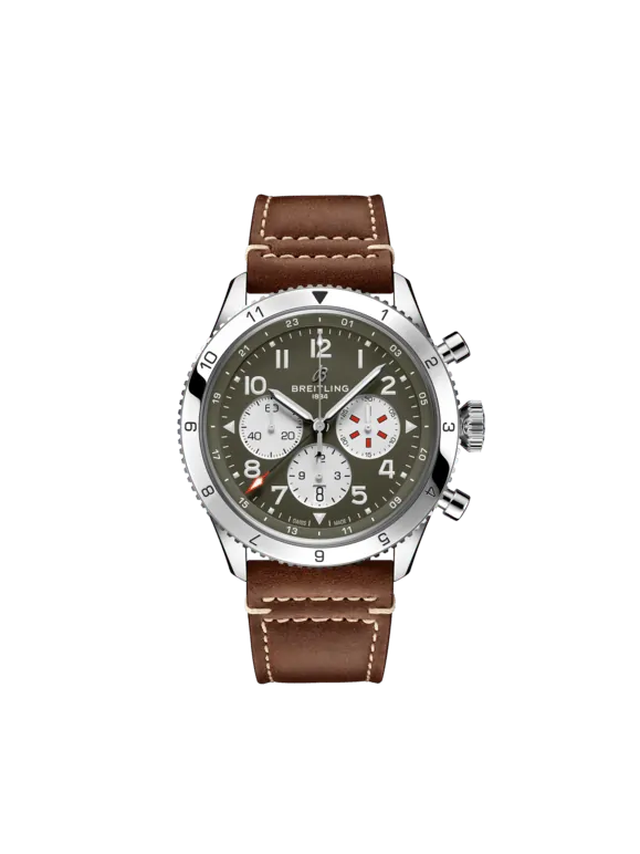 Breitling Classic AVI Stainless Steel 46 MM - Brown Calfskin Strap - Mint Green Dial - AB04452A1L1X1