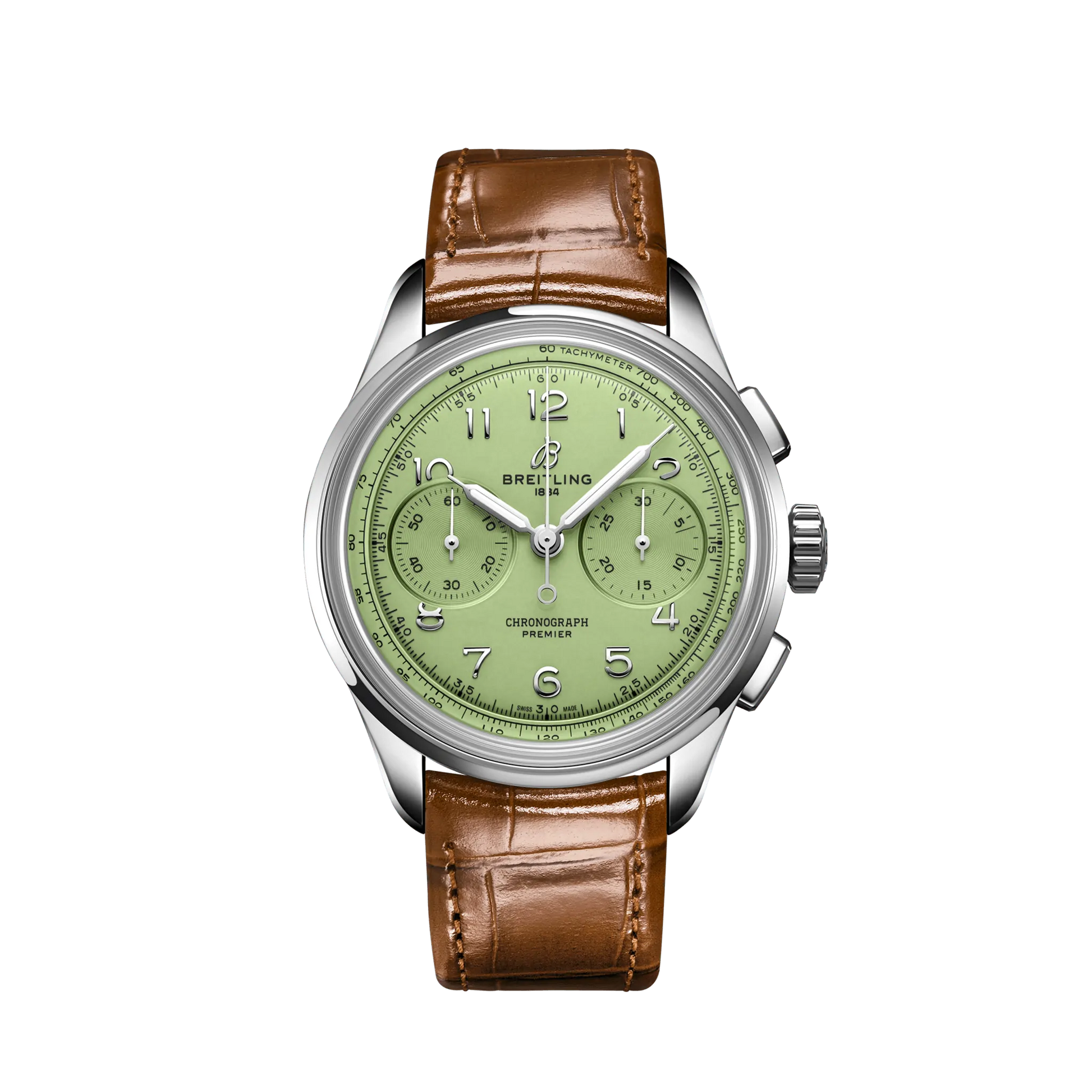 Breitling Premier Stainless Steel 40 MM - Brown Leather Strap - Pistachio Green Dial - AB0930D31L1P1