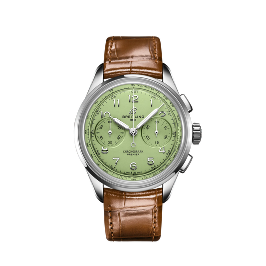 Breitling Premier Stainless Steel 40 MM - Brown Leather Strap - Pistachio Green Dial - AB0930D31L1P1