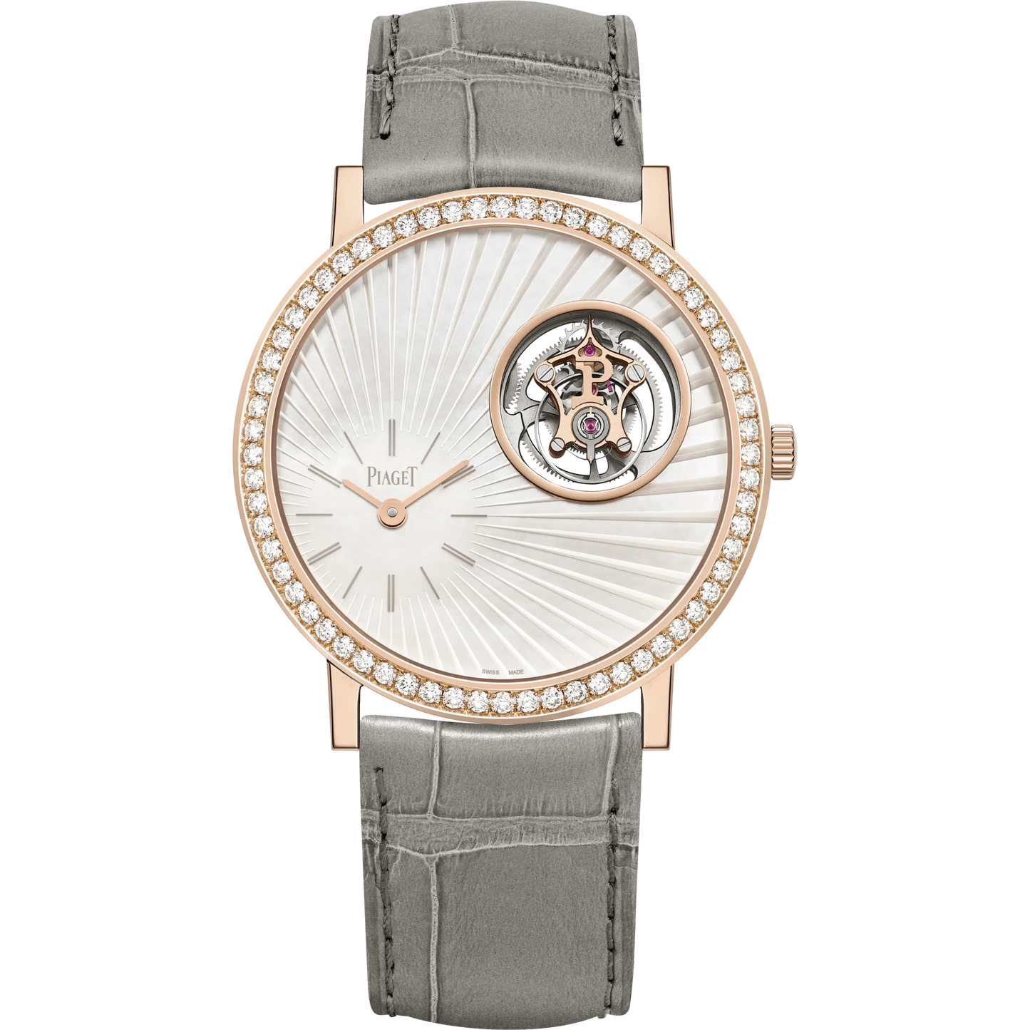 Piaget Altiplano - Rose Gold 38 MM - Grey Leather Strap - Diamond Bezel - White Mother-of-Pearl Dial - G0A45030