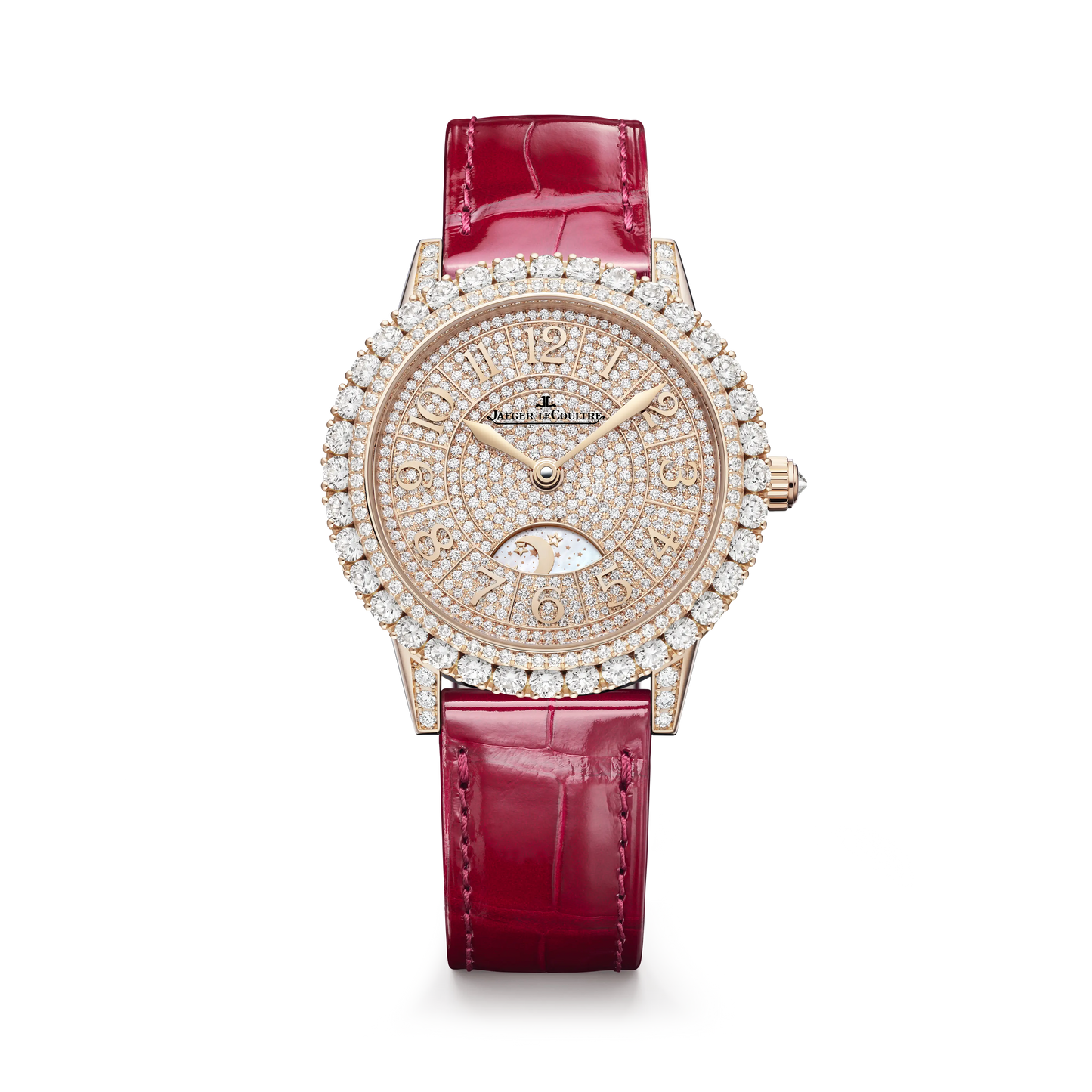 JLC - Rendez-Vous Dazzling Night & Day - 36 MM - Pink Gold - Pave Diamond Dial - Diamond Bezel - Red Leather Strap - Q3432472