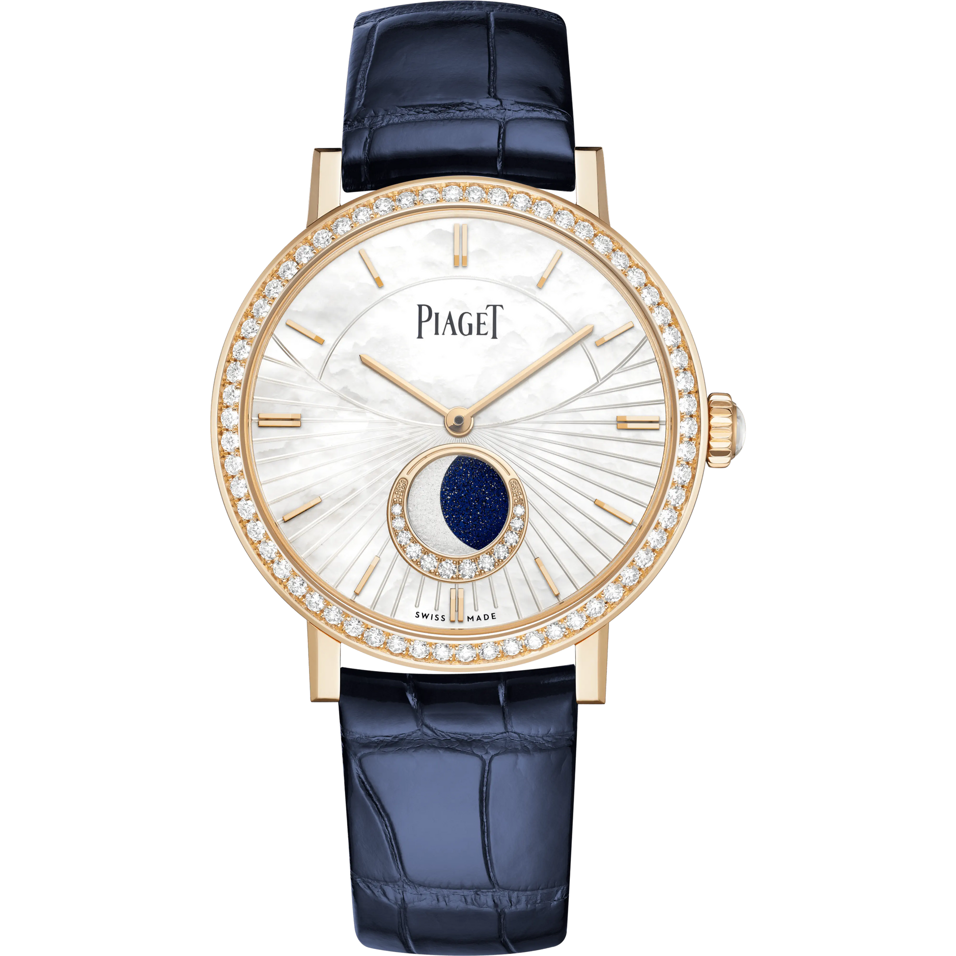 Piaget Altiplano - Rose Gold 36 MM - Blue Leather Strap - Diamond Bezel - White Mother-of-Pearl Dial - G0A47104