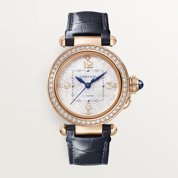 Cartier Pasha de Cartier Rose gold 35 MM - Blue Alligator Strap - Diamond Bezel - Silvered Engraved Dial - WJPA0027