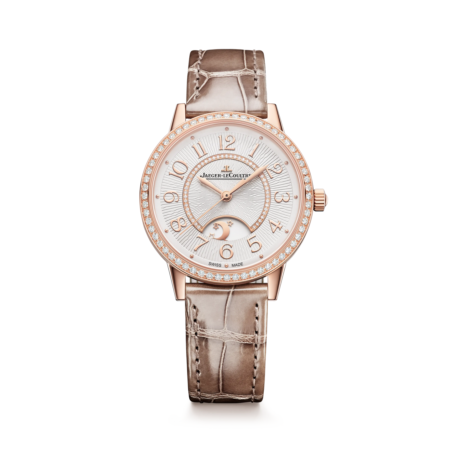 JLC - Rendez-Vous Classic Night & Day - 34 MM - Pink Gold - Silvered-Gray Guilloché Diamond Dial - Diamond Bezel - Taupe Leather Strap - Q3442441