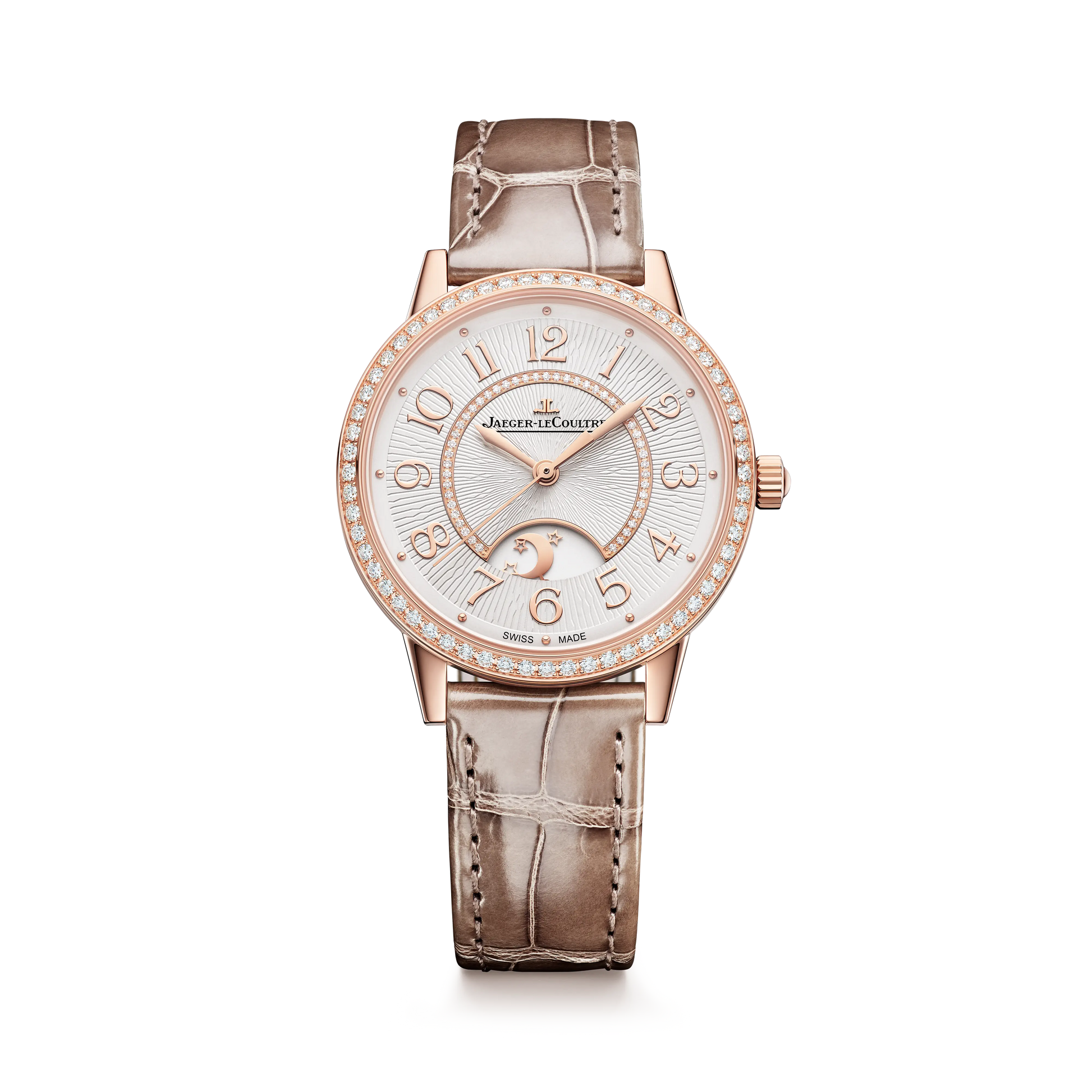 JLC - Rendez-Vous Classic Night & Day - 34 MM - Pink Gold - Silvered-Gray Guilloché Diamond Dial - Diamond Bezel - Taupe Leather Strap - Q3442441