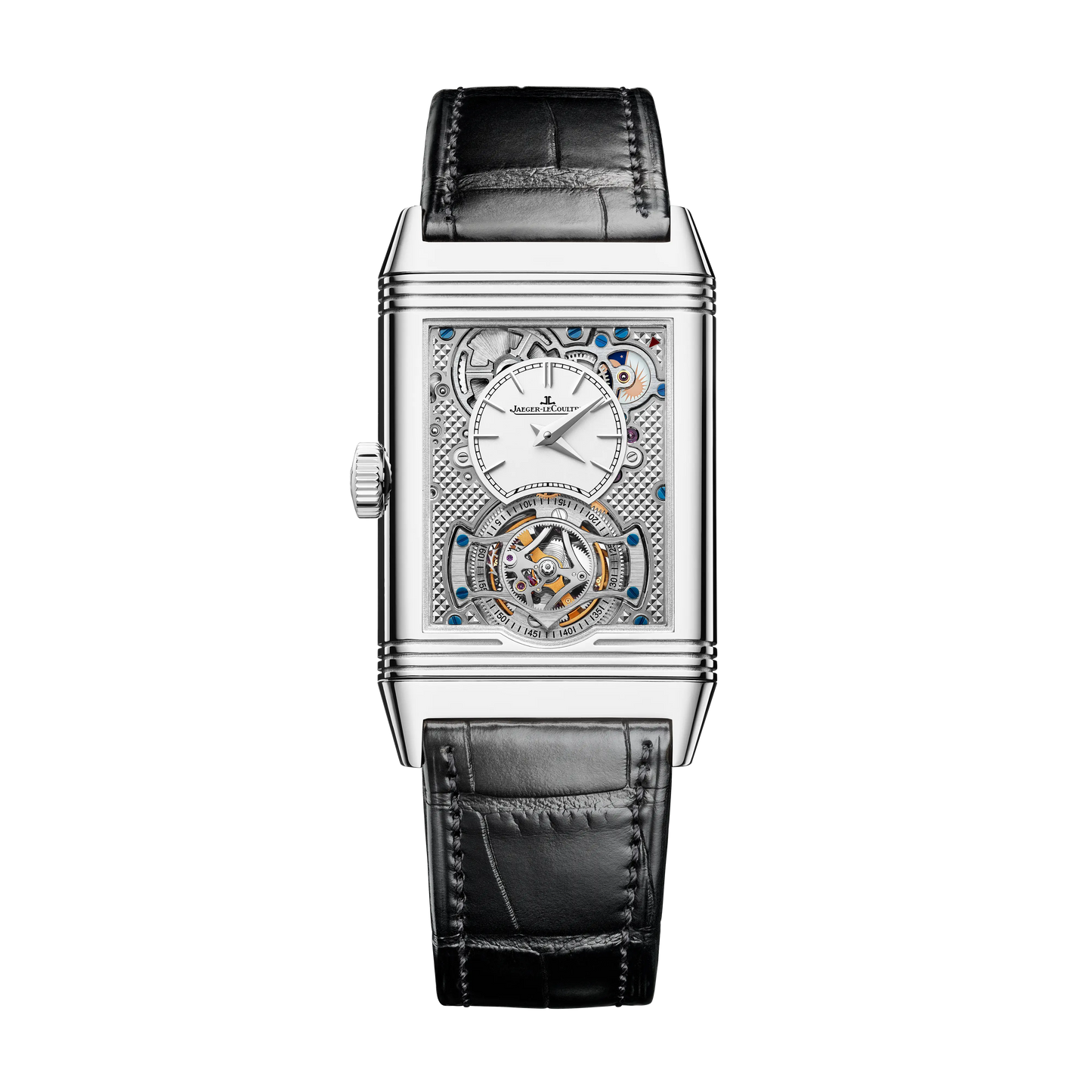 JLC - Reverso Tribute Duoface Tourbillon - 45.5 MM x 27.4 MM - Stainless Steel - Charcoal Gray/Gray Dial - Black Leather Strap - Q392845J