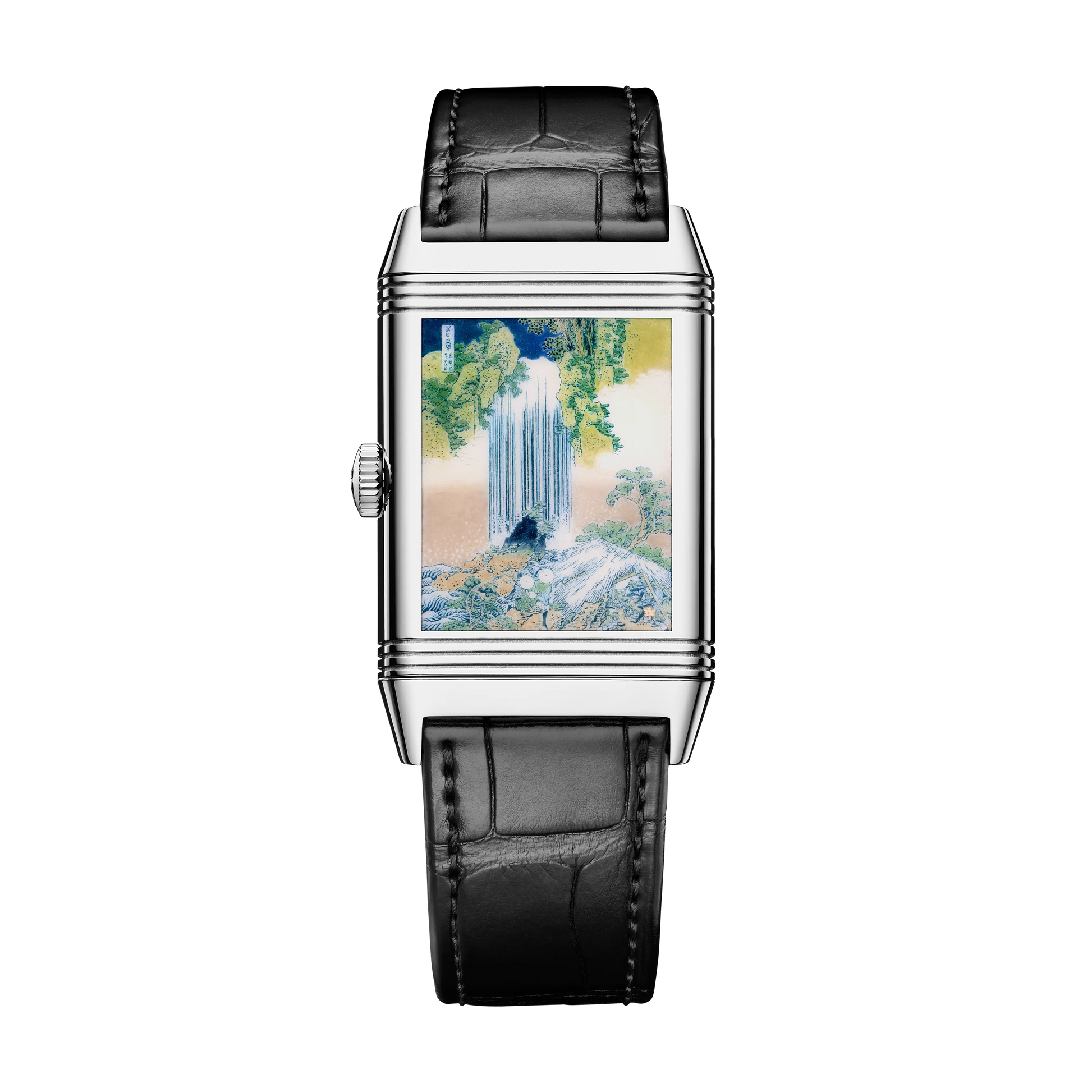 JLC - Reverso Tribute Enamel Hokusai Waterfalls Limited Edition - Yoro Waterfall - 45.6 MM x 27.4 MM - White Gold - Bamboo-Green Guilloché Enamel Dial - Black Leather Strap - Q39334T6