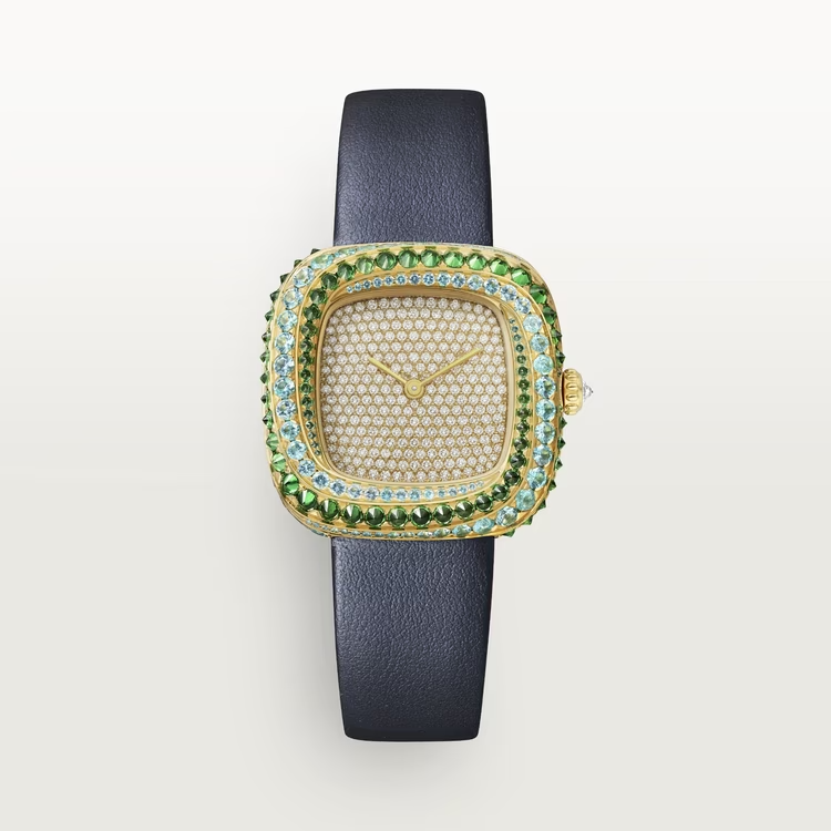 Cartier Coussin de Cartier Yellow Gold 30.4 MM - Blue Calfskin Strap - Diamond Bezel - Yellow Gold Diamond Dial - WJCS0009