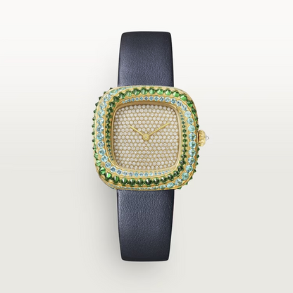 Cartier Coussin de Cartier Yellow Gold 30.4 MM - Blue Calfskin Strap - Diamond Bezel - Yellow Gold Diamond Dial - WJCS0009