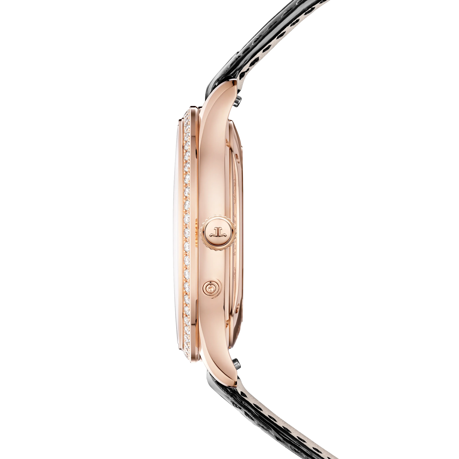 JLC - Master Ultra Thin Moon - 36 MM - Pink Gold - Silvered-Gray Dial - Diamond Bezel - Black Leather Strap - Q1242502