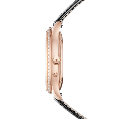 JLC - Master Ultra Thin Moon - 36 MM - Pink Gold - Silvered-Gray Dial - Diamond Bezel - Black Leather Strap - Q1242502