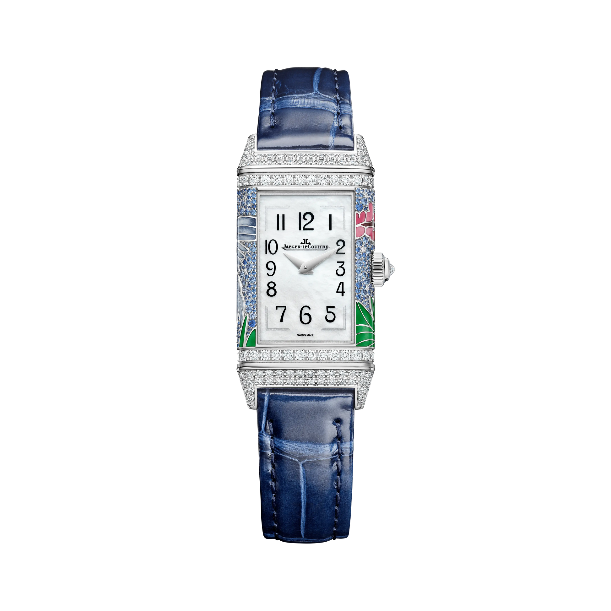 JLC - Reverso One "Sakura" Limited Edition - 40 MM x 20 MM - White Gold - Mother-Of-Pearl Dial - Diamond-Set Case - Blue Leather Strap - Q3293426