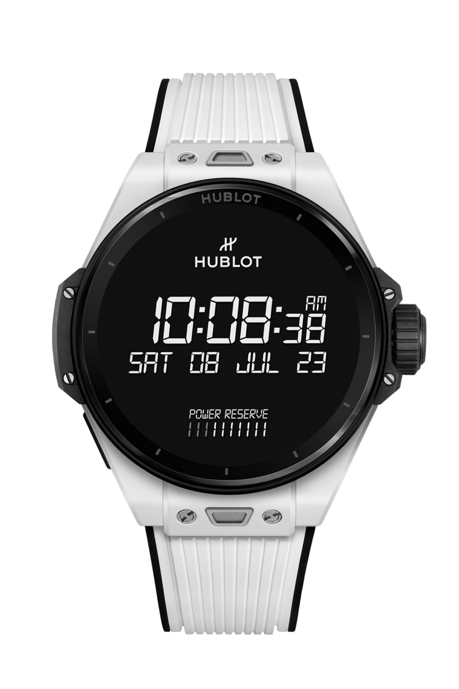 Hublot Big Bang E Gen3 White Ceramic 44 MM - Black and White Striped Structured Rubber Straps -  White Ceramic Digital Dial - 450.HX.1100.RX