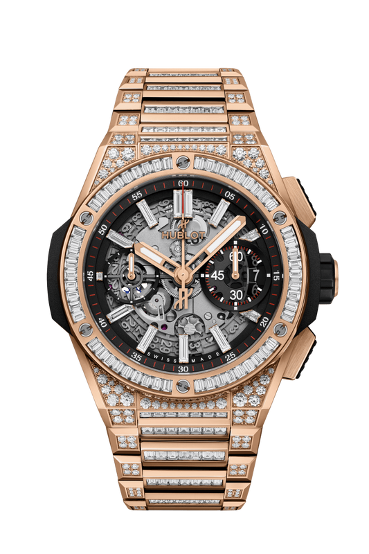 Hublot Big Bang Integrated King Gold Jewellery 42 MM - King Gold Diamond Bracelet - Diamond Bezel - Matte Black Skeleton Diamond Dial - 451.OX.1180.OX.9804