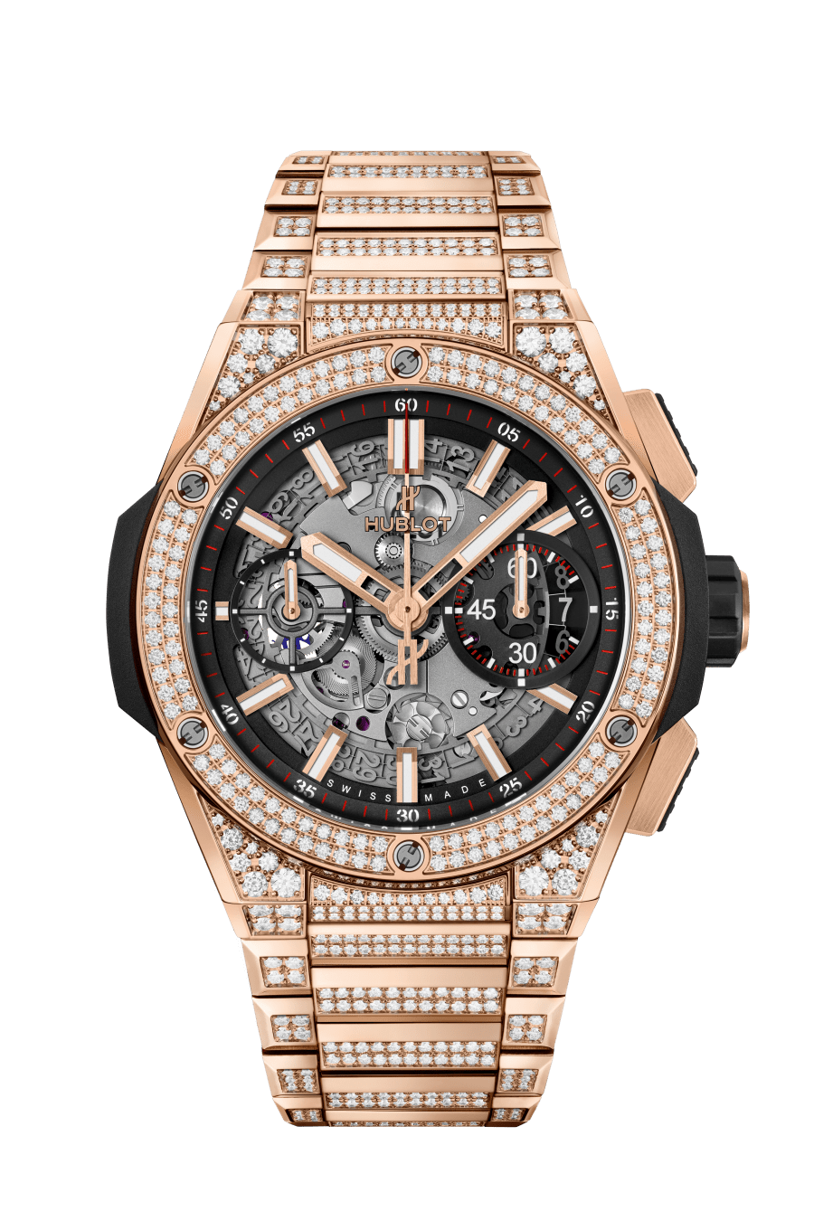 Hublot Big Bang Integrated King Gold Pave 42 MM - King Gold Diamond Bracelet - Diamond Bezel - Matte Black Skeleton Diamond Dial - 51.OX.1180.OX.3704