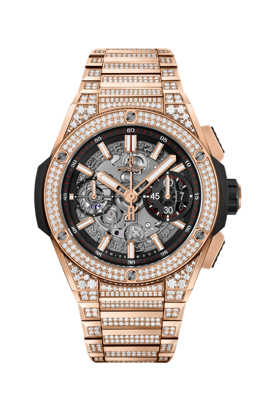 Hublot Big Bang Integrated King Gold Pave 42 MM - King Gold Diamond Bracelet - Diamond Bezel - Matte Black Skeleton Diamond Dial - 51.OX.1180.OX.3704