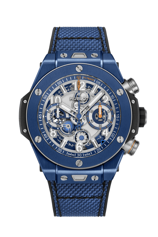 Hublot Big Bang Reloaded Blue Ceramic - 44 MM - Black Rubber And Blue Fabric Strap - Matte Grey Skeleton Dial - 421.EX.5129.NR.RLD