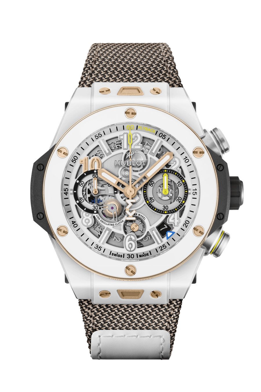 Hublot Big Bang Reloaded Kylian Mbappé White Ceramic - Limited Edition - 44 MM - King Gold Color Fabric Strap - Matte Grey And White Skeleton Dial - 421.HX.2019.NR.MBP26