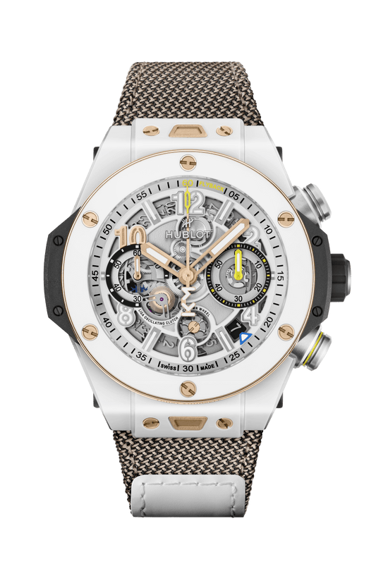 Hublot Big Bang Reloaded Kylian Mbappé White Ceramic - Limited Edition - 44 MM - King Gold Color Fabric Strap - Matte Grey And White Skeleton Dial - 421.HX.2019.NR.MBP26
