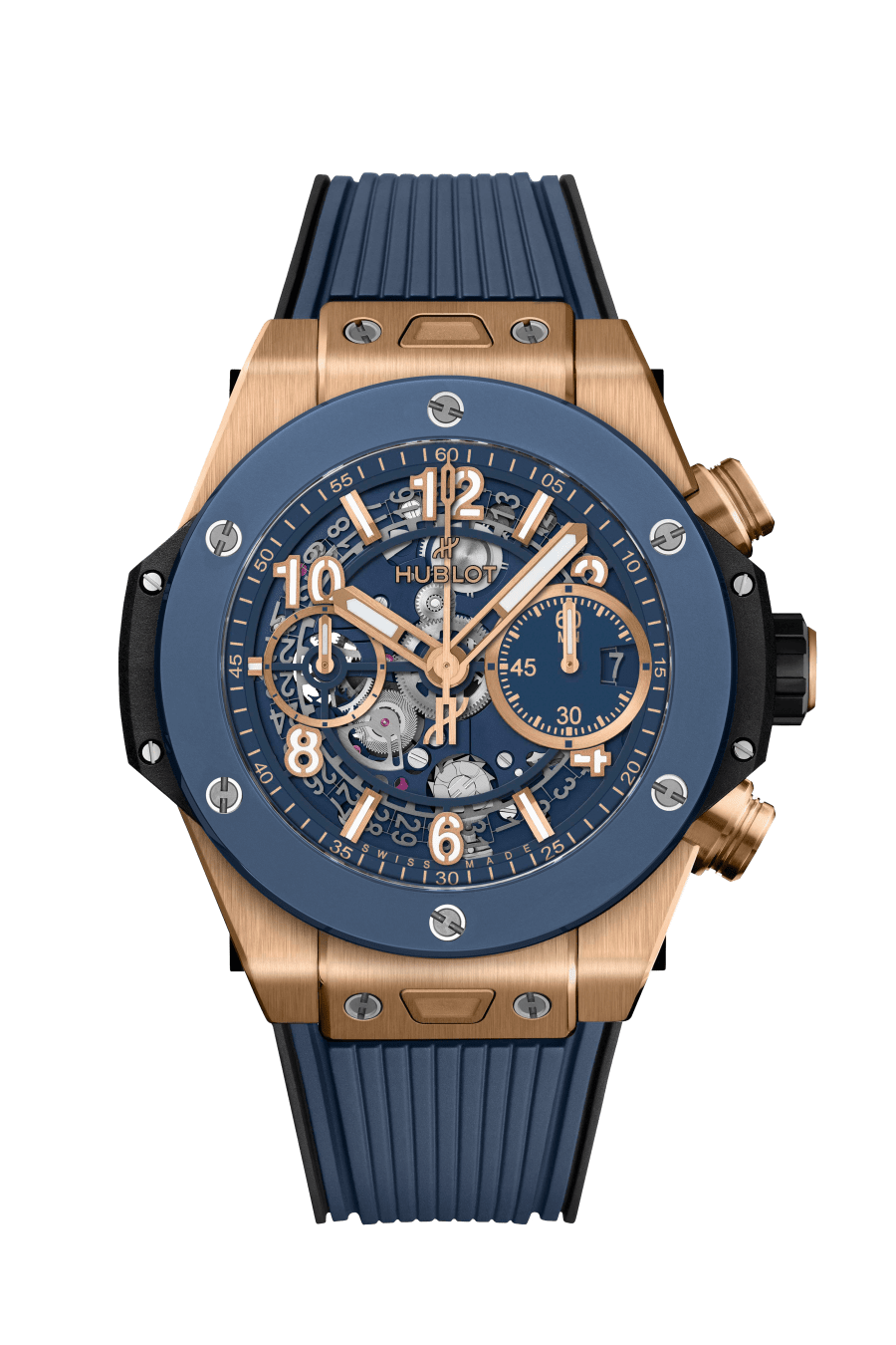 Hublot Big Bang Unico King Gold Blue Ceramic 42 MM - Black and Blue Rubber Strap - Matte Blue Skeleton Dial - 441.OL.5181.RX