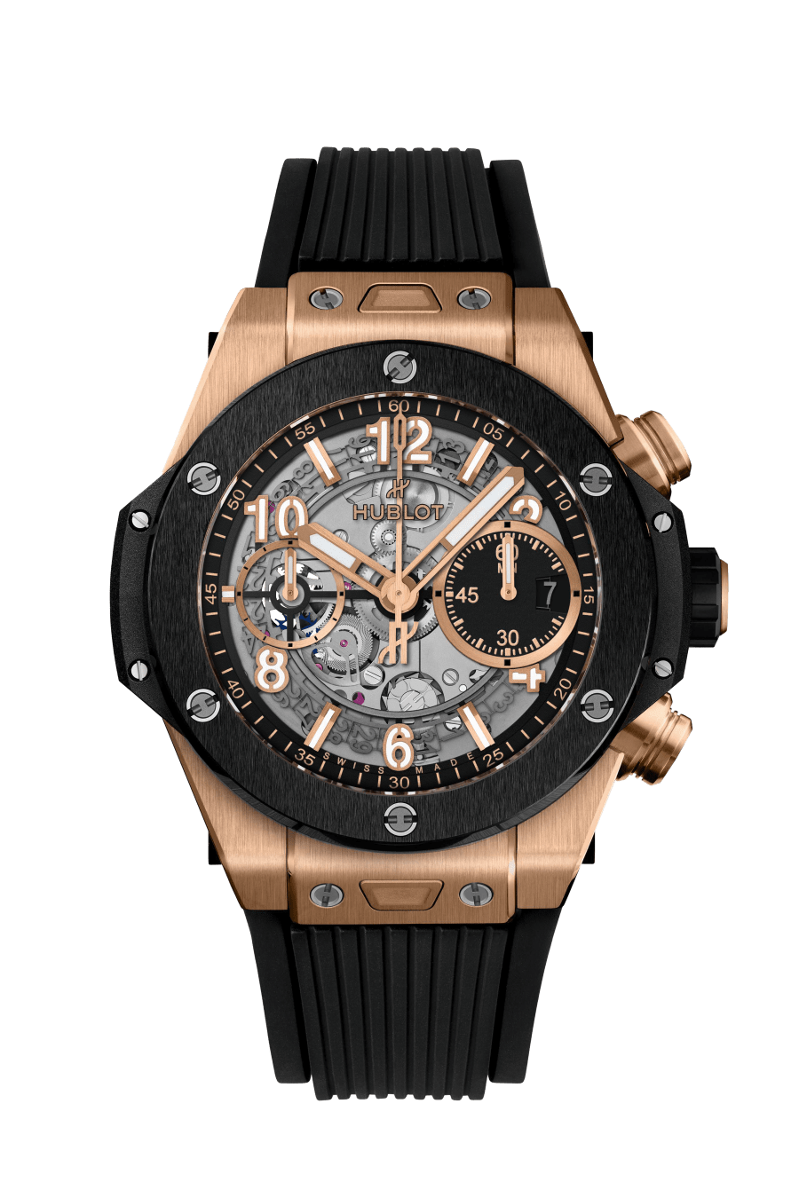 Hublot Big Bang Unico King Gold Ceramic 42 MM - Black Rubber Strap - Matte Black Skeleton Dial - 441.OM.1181.RX