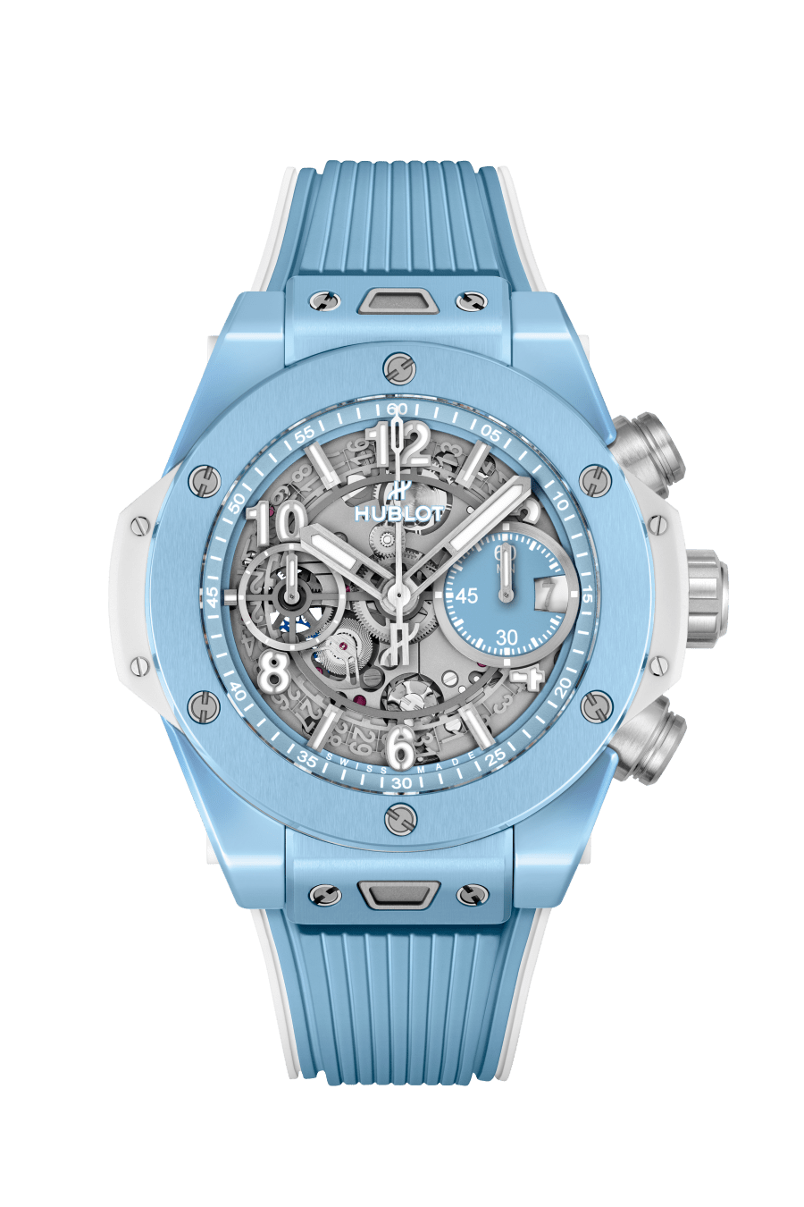 Hublot Big Bang Unico Sky Blue 42 MM - Rubber Strap with White and Light Blue Strap - Sky Blue Matte Skeleton Dial - 441.EX.5120.RX