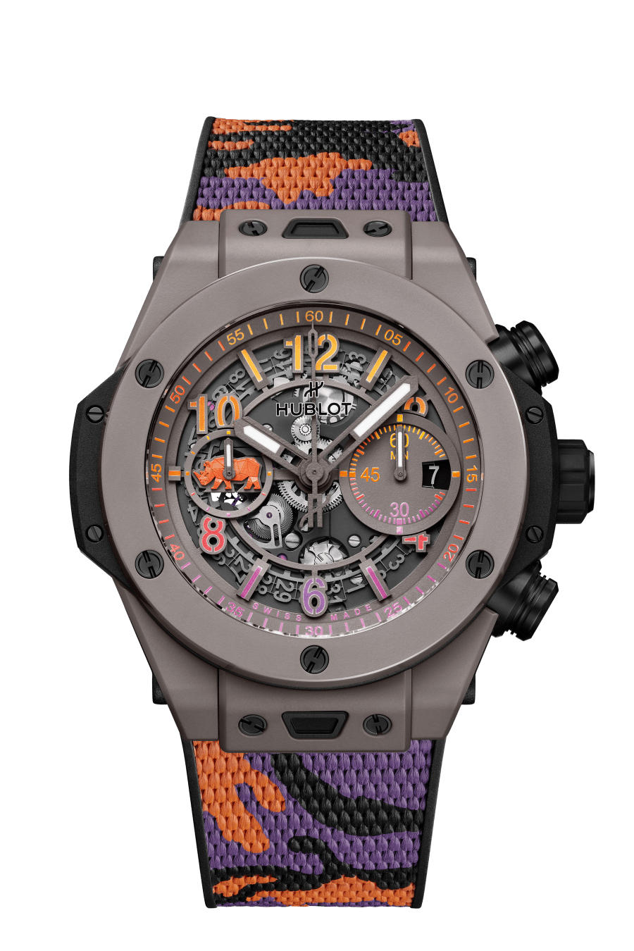 Hublot Big Bang Unico Sorai 44 MM -  Black, Purple and Orange Structured Camo Strap - Matte Warm Gray Skeleton Dial - 421.FX.8099.NR.SOA23