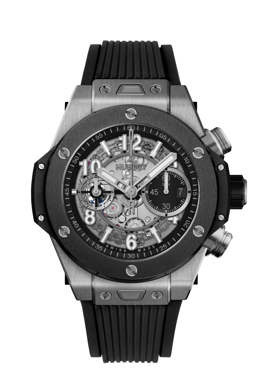 Hublot Big Bang Unico Titanium Ceramic 44 MM - Striped Structured Black Rubber Strap - Matte Black Skeleton Dial - 421.NM.1170.RX