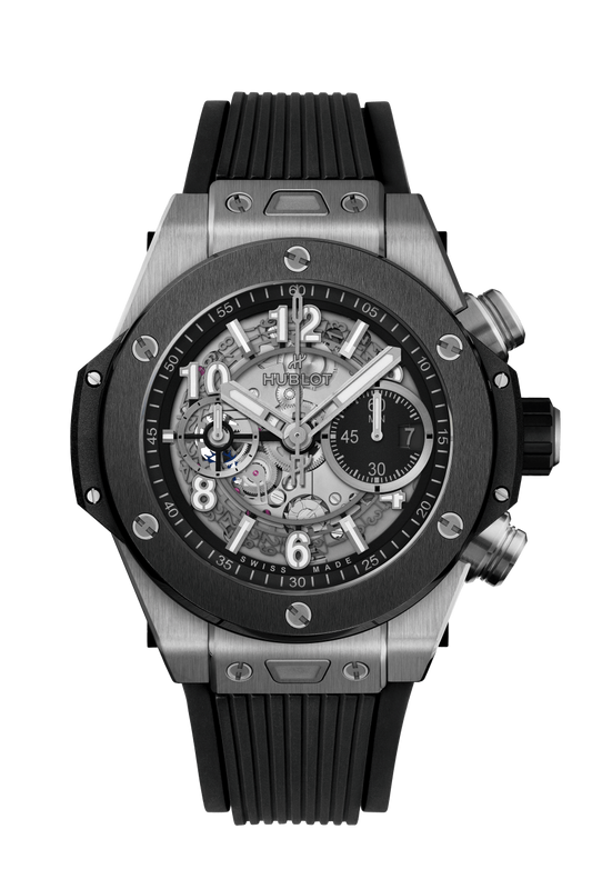 Hublot Big Bang Unico Titanium Ceramic 44 MM - Striped Structured Black Rubber Strap - Matte Black Skeleton Dial - 421.NM.1170.RX