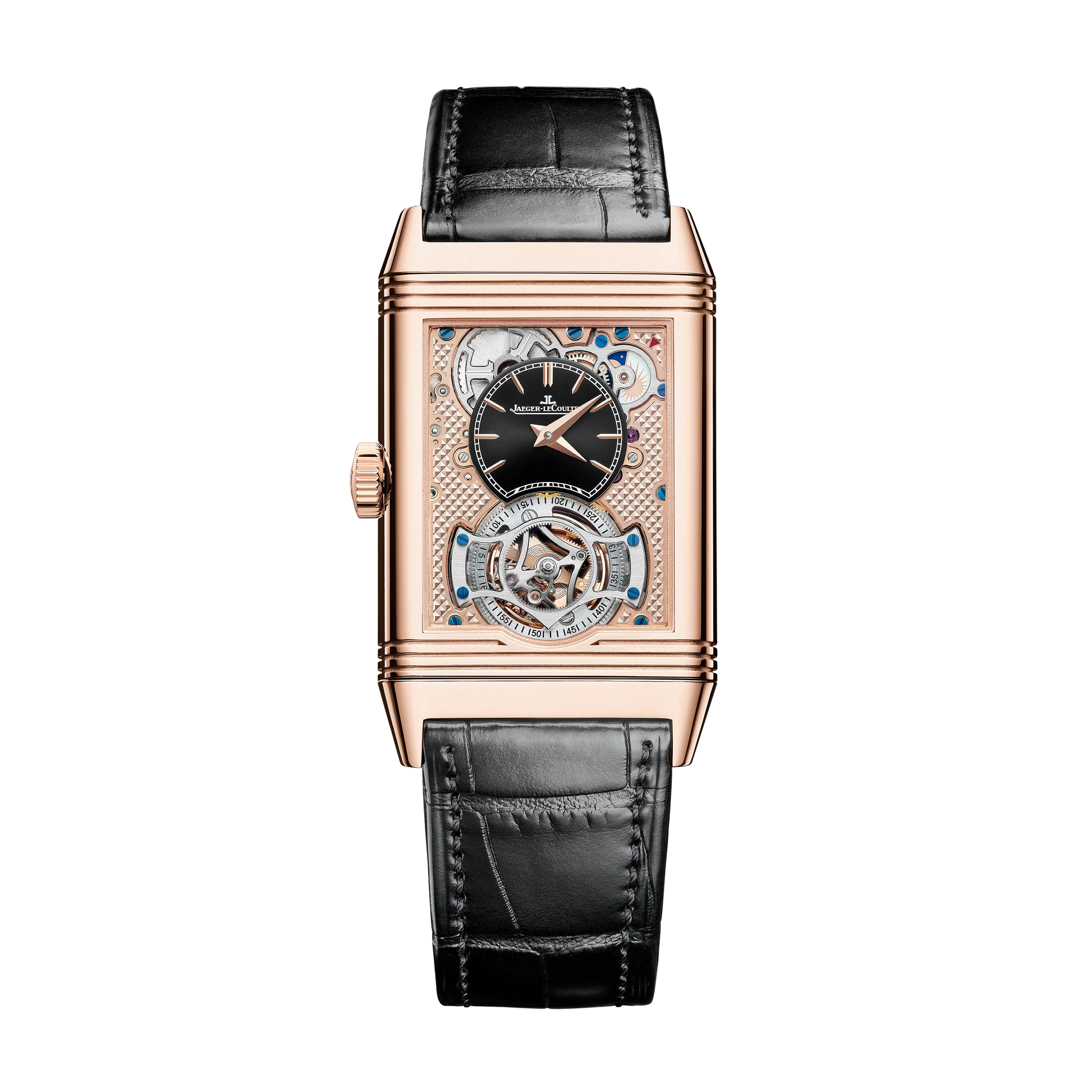 JLC - Reverso Tribute Duoface Tourbillon - 45.5 MM x 27.4 MM - Pink Gold - Silvered-Gray/Black Dial - Black Leather Strap - Q392243J