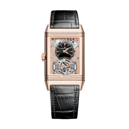JLC - Reverso Tribute Duoface Tourbillon - 45.5 MM x 27.4 MM - Pink Gold - Silvered-Gray/Black Dial - Black Leather Strap - Q392243J