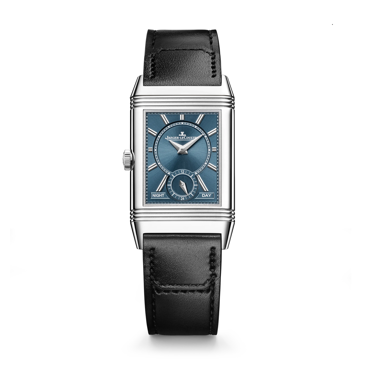 JLC - Reverso Tribute Duoface Small Seconds - 42.9 MM x 25.5 MM - Stainless Steel - Silver/Blue Dial - Black Leather Strap - Q3908410