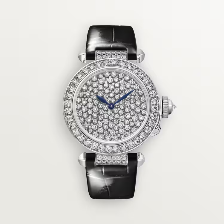 Cartier Pasha de Cartier White gold 35 MM - Black Alligator Leather Strap - Diamond Bezel - Diamond Dial - HPI01450