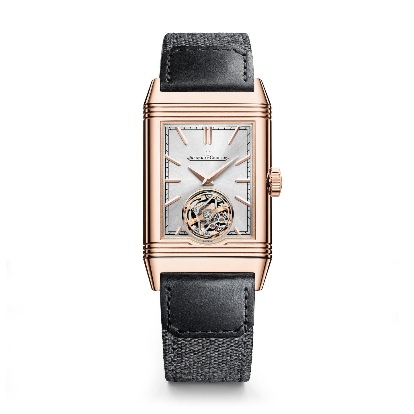 JLC - Reverso Tribute Duoface Tourbillon - 45.5 MM x 27.4 MM - Pink Gold - Silvered-Gray/Black Dial - Black Leather Strap - Q392243J