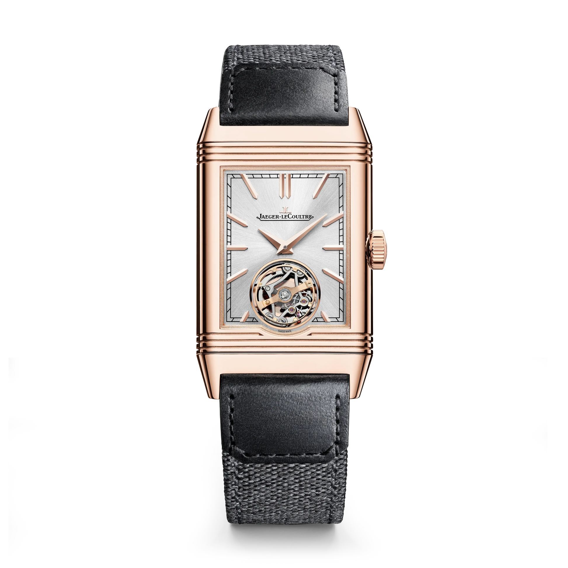 JLC - Reverso Tribute Duoface Tourbillon - 45.5 MM x 27.4 MM - Pink Gold - Silvered-Gray/Black Dial - Black Leather Strap - Q392243J