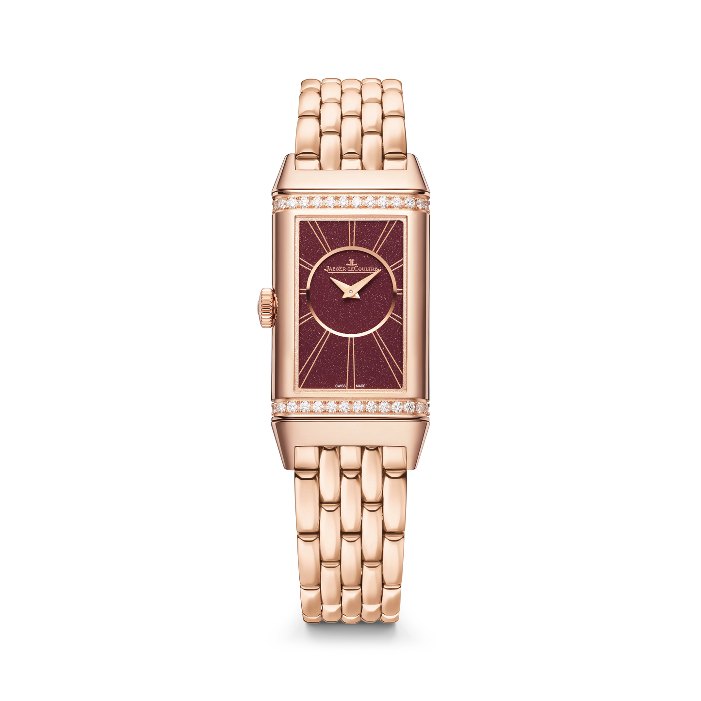 JLC - Reverso One Duetto - 40.1 MM x 20 MM - Pink Gold - Silvered-Gray/Burgundy Dial - Diamond-Set Case - Pink Gold Bracelet - Q334216J