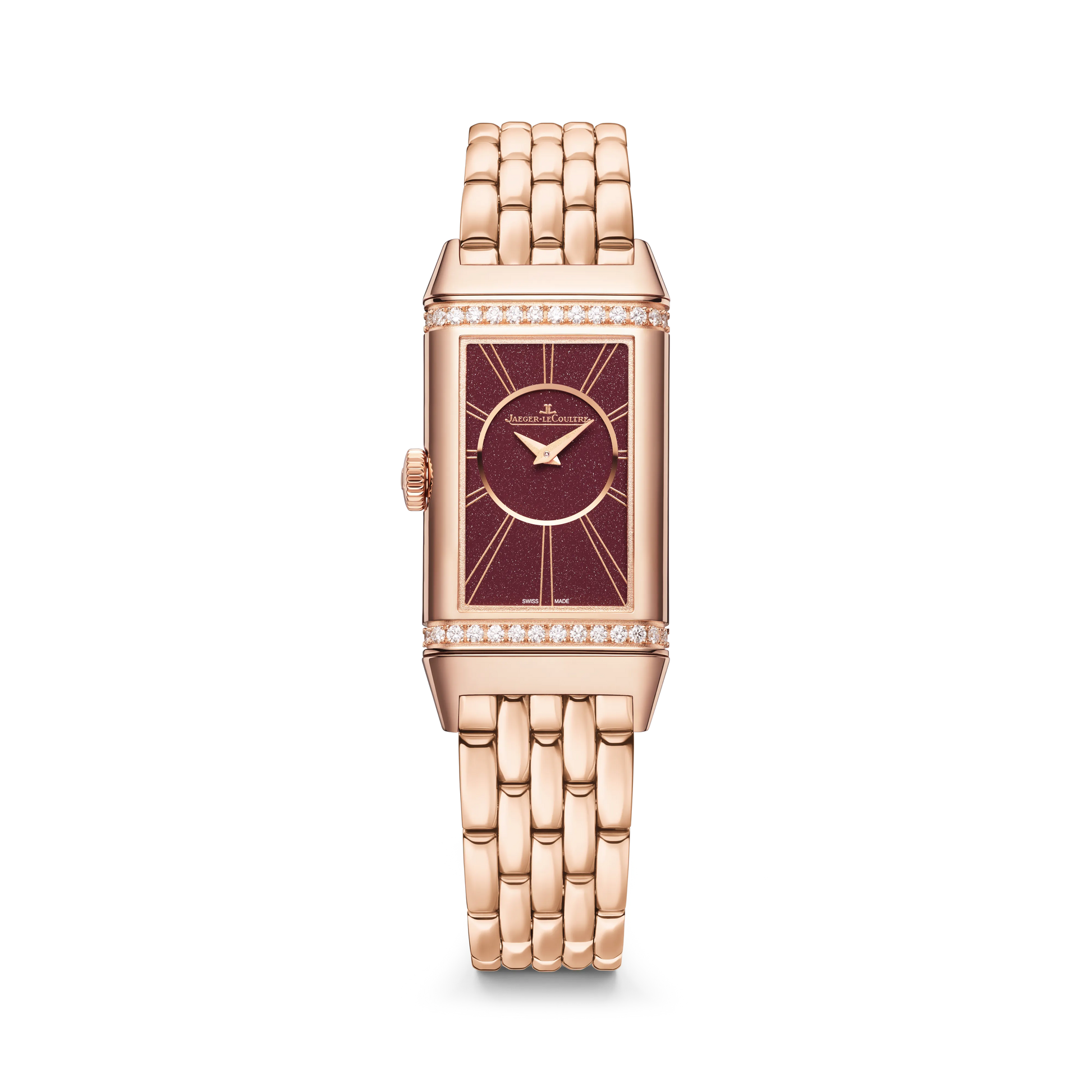 JLC - Reverso One Duetto - 40.1 MM x 20 MM - Pink Gold - Silvered-Gray/Burgundy Dial - Diamond-Set Case - Pink Gold Bracelet - Q334216J