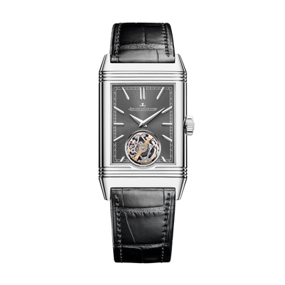 JLC - Reverso Tribute Duoface Tourbillon - 45.5 MM x 27.4 MM - Stainless Steel - Charcoal Gray/Gray Dial - Black Leather Strap - Q392845J