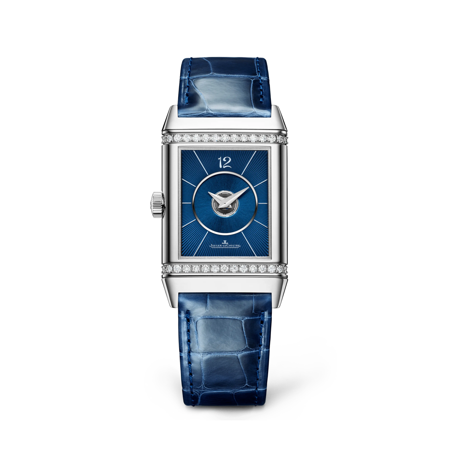 JLC - Reverso Classic Duetto - 40 MM x 24.4 MM - Stainless Steel - Silvered-Gray/Blue Dial - Diamond-Set Case - Blue Leather Strap - Q2578480