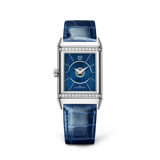 JLC - Reverso Classic Duetto - 40 MM x 24.4 MM - Stainless Steel - Silvered-Gray/Blue Dial - Diamond-Set Case - Blue Leather Strap - Q2578480