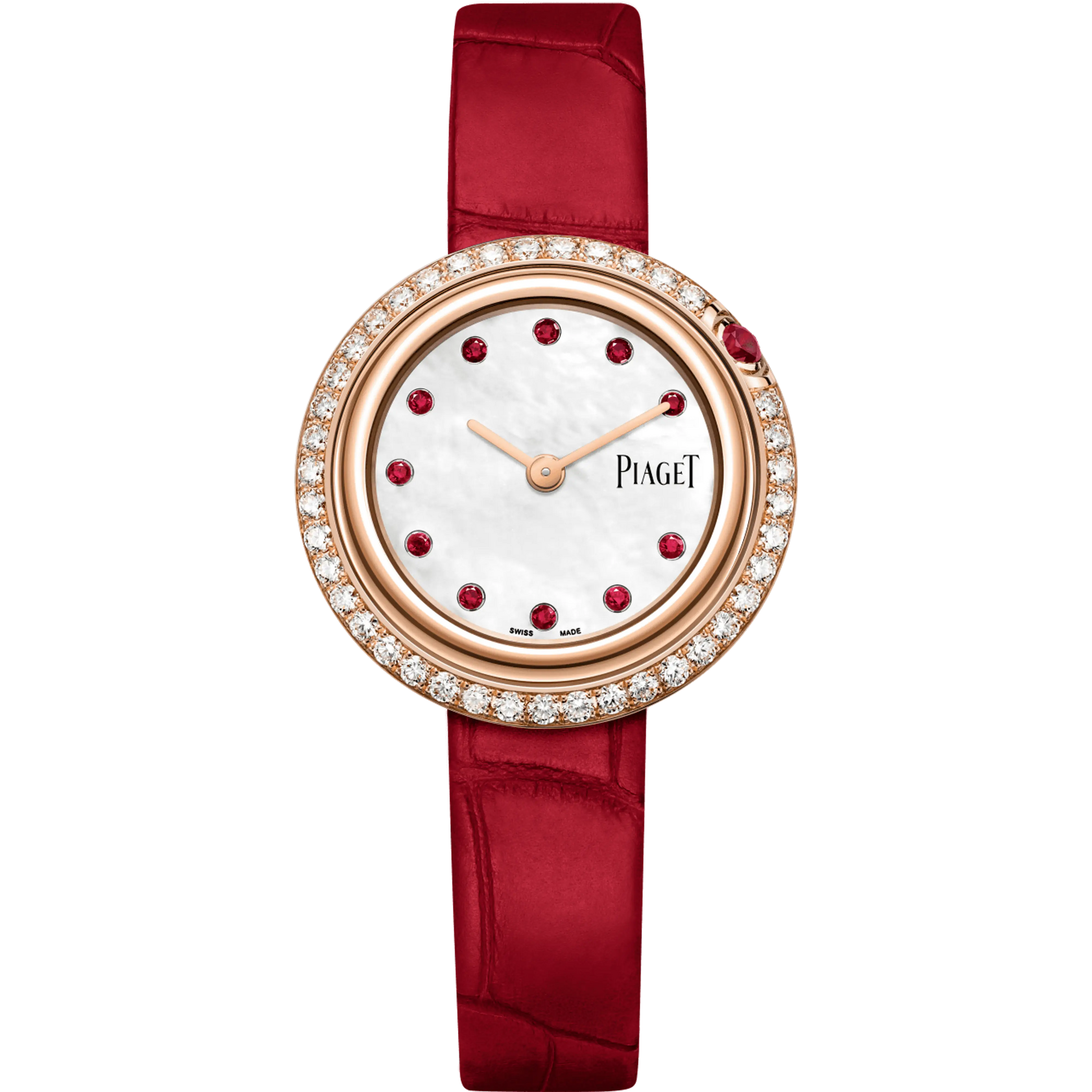 Piaget Possession - Rose Gold 29 MM - Red Leather Strap - Diamond Bezel - White Mother-Of-Pear Dial - G0A47088