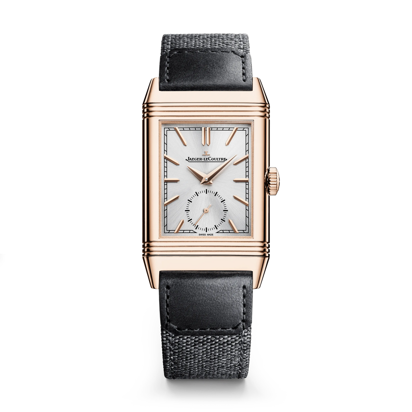 JLC - Reverso Tribute Monoface Small Seconds - 45.6 MM x 27.4 MM - Pink Gold - Silvered-Gray Dial - Black Leather/Canvas Strap - Q7132521