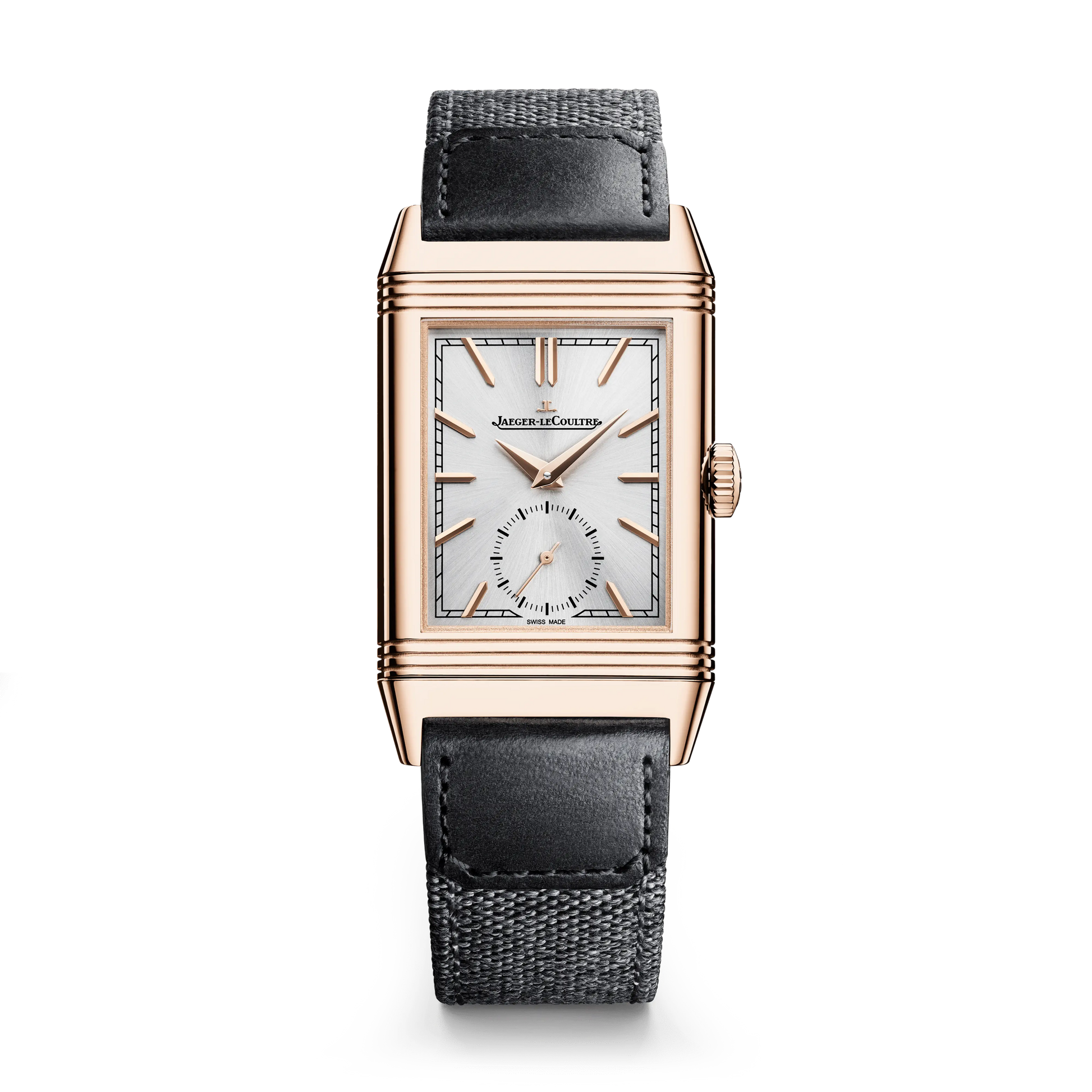 JLC - Reverso Tribute Monoface Small Seconds - 45.6 MM x 27.4 MM - Pink Gold - Silvered-Gray Dial - Black Leather/Canvas Strap - Q7132521