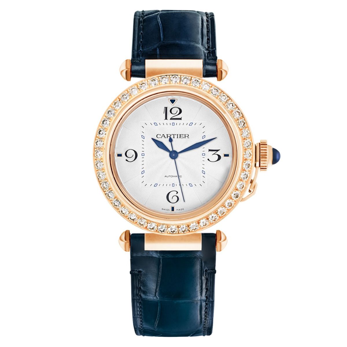 Cartier Pasha de Cartier Rose Gold 35 MM - Blue and Purple Alligator Strap - Diamond Bezel - Silver Flinqué Dial - WJPA0012