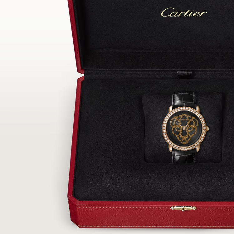 Cartier Révélation d'une Panthère Rose gold 37 MM - Black Alligator Leather Strap - Diamond Bezel - Black Lacquer Dial - HPI01259