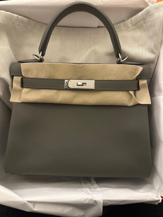 Hermès Kelly Retourne 28 - Gris Meyer Evercolor - Palladium Hardware - K28GMEPHW