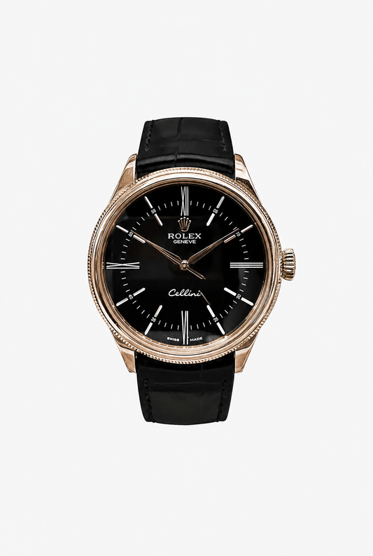 Rolex Everose Gold Cellini Date Watch - 39 MM - Leather Strap - Black Dial -  50505